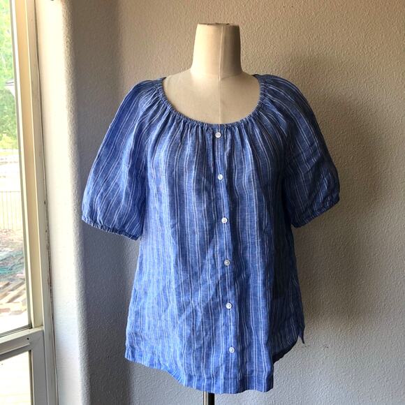 Talbots blue white striped linen peasant top loose fit preppy size XS nautical - Picture 1 of 4
